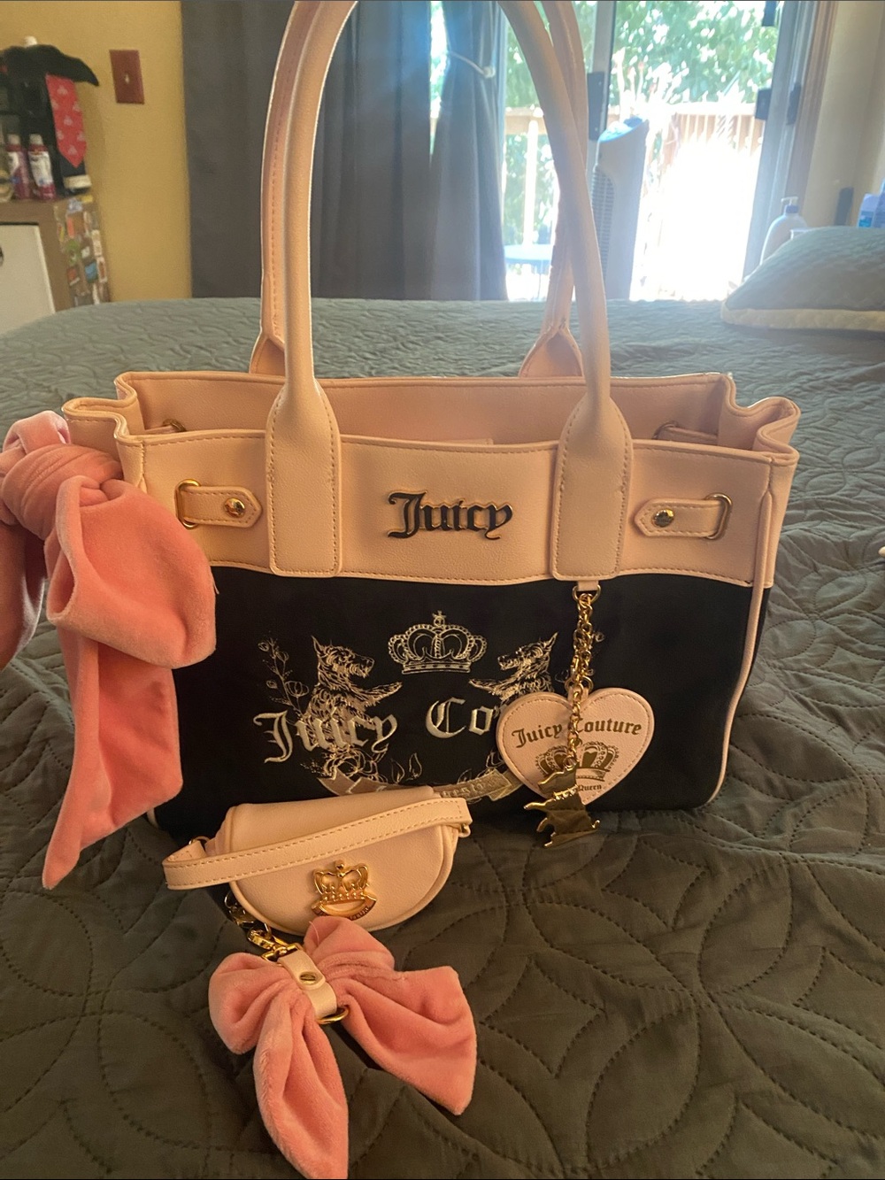 Juicy Couture Black and Blush Tote with Heart Charm and Bows